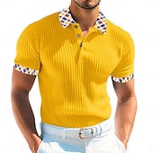 cheap Men&#039;s Classic Polo-Men&#039;s Rib Knit Top Golf Polos Shirts Work Casual Lapel Ribbed Polo Collar Short Sleeve Basic Modern Color Block Buttons Knitted Summer Spring &amp; Summer Slim Fit White Yellow Navy Blue Light Blue Rib