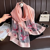 abordables Manches &amp; Écharpe-Printemps et automne nouveau clou perle simulation foulard en soie élégant et polyvalent pour les femmes brodé fleur de pommier longue écharpe été crème solaire écharpe
