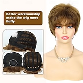 abordables perruque plus âgée-Perruque courte brune coupe lutin, perruques courtes en cheveux superposés avec frange, perruque de remplacement en cheveux synthétiques duveteux pour femmes, perruques de costumes d&#039;Halloween