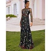 economico FLORALI-Matrimonio sulla spiaggia Abiti da sposa a colonna Abito floreale Semi formale Festa in giardino Lunghezza a pavimento Maniche lunghe Scollatura a gioiello Autunno Inviti a matrimoni Tulle con ricamo