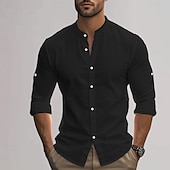 economico Casual da lavoro-Per uomo Camicia in cotone e lino Semplice Vacanza Nero Bianco Cachi Grigio scuro Manica Lunga Colletto alla coreana Abbigliamento