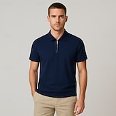 cheap Men&#039;s Elite Polo-Men&#039;s Silk Linen Cotton Business Casual Half Zip Short Sleeve Basic Formal Solid Color Zipper Summer Black Dark Navy Sky Blue Dark Green Gray