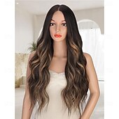 voordelige Synthetische trendy pruiken-Lange bruine highlights pruiken voor vrouwen, ombre bruin, gemengd blond, pruiken met zwarte wortels, synthetische lange krullende golvende pruiken met kant haarlijn, hittebestendige vezelpruik voor