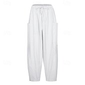 economico Pantaloni in lino e cotone semplici-Per donna Gamba larga Pantaloni Vacanza Moda Lunghezza intera Misura del girovita medio Semplice Elastico in vita Traspirante Confortevole Micro-elastico Streetwear Abbigliamento quotidiano Uscire