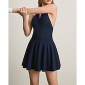 cheap Women&#039;s Tennis Dress-US Open Women&#039;s Tennis Dress with Built in Shorts and Bra Sports Dress Sleeveless Pleated Breathable Tennis Golf Pickleball V Neck Patchwork Open Back Dark Navy Tennis Clothing