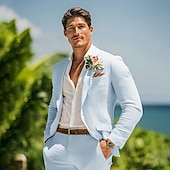 abordables Costumes de mariage-Costumes de mariage d&#039;été en lin pour hommes, blanc, bleu ciel, mode, demi-doublé, léger, couleur unie, coupe standard, 2 pièces, simple boutonnage, un bouton