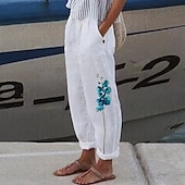 cheap Graphic Cotton Linen Pant-Women&#039;s Cotton Linen Pants Palazzo Pants Fashion Streetwear Comfort Ankle-Length Mid Waist Flower / Floral Pocket Elastic Waist Comfy Outdoor Comfortable Street Daily Wear Going out Cold White White