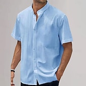 preiswerte Baumwoll-Leinenhemd-Herren Baumwoll-Leinen-Hemd Einfach Urlaub Schwarz Weiß Himmelblau Khaki Kurzarm Großvaterkragen Sommer Bekleidung