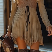 abordables Robes Bohémiennes-Femmes Mini Robe Robe bohème Robe occidentale Mode Classique Extérieur Vacances Fête Coupe régulière Uni manche longue Col en V Kaki Été