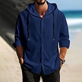 cheap Men&#039;s Casual Shirts-Men&#039;s Shirt Summer Shirt Casual Shirt Beach Shirt Button Up Shirt Black White Dark Navy Brown khaki Long Sleeve Plain Hooded Holiday Casual Daily Button-Down Clothing Apparel Polyester Fashion Casual