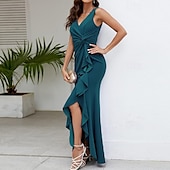 voordelige Feestjurken-Dames Halflange jurk Feestjurk Cocktail jurk Bruiloft gast jurk Elegant Modieus Bruiloft Feest Speciale gelegenheden  Normale pasvorm Effen Mouwloos V-hals Zwart Wijn Rood Marineblauw Zomer