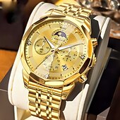 abordables Relojes de Cuarzo-Reloj de pulsera Olevs 3673 para hombre, con esfera romboidal y fase lunar, de acero inoxidable macizo, resistente al agua y fecha.