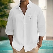 voordelige Geometrisch patroon-Voor heren Tekstopdruk Geloof Overhemd Zomer overhemd Overhemd met knopen Lange mouw Mode-casual Dagelijks gebruik Causaal Strand Kleding Zomer Lente Strijkijzer 3D-afdrukken Linnenachtig shirt Wit