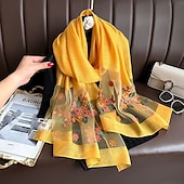 abordables Manches &amp; Écharpe-Printemps et automne nouveau clou perle simulation foulard en soie élégant et polyvalent pour les femmes brodé fleur de pommier longue écharpe été crème solaire écharpe
