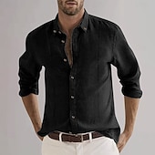 economico Casual da lavoro-Per uomo Camicia in cotone e lino Semplice Vacanza Casual Quotidiano Nero Bianco Azzurro cielo Cachi Manica Lunga Bavero Abbigliamento Bottonato
