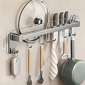 economico Stoccaggio cucina-Supporto portaoggetti multifunzionale per cucina con ventosa, ABS, alluminio, asta appendiabiti con gancio &amp;portacoltelli a parete, portapale, portacoperchi, soluzione unica per riporre utensili da