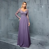voordelige Avondjurken-A-Lijn Quinceanera Jurken Elegante Jurk Bruiloft Bruiloft Gast Vloerlengte Lange Mouw V-hals Chiffon met Plissé