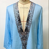 preiswerte Straße-Herren Hemd leinenhemd Popover-Hemd Sommerhemd Strandbekleidung Einfach Urlaub Ferien Himmelblau Langarm Tiefer V-Ausschnitt Sommer Frühling Bekleidung Ethnisch &amp; Religiös