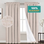 baratos Cortinas &amp; Cortinados-Cortinas de Textura de Linho para Quarto Sólido 100% Blackout Térmica Isolada com Forro Branco Cortinas/Dráperes Escurecedoras para Sala de Estar Berçário 2 Peças L52 x A84