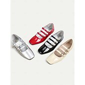 voordelige Platte damesschoenen-Rode Mary Jane-flats van lakleer uit de jaren 30 voor dames met drievoudige gespen – retro klassieke schoenen voor feestjes en dagelijks gebruik