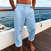 baratos Feriado-Homens Calças de linho Calças Calça verão Calças largas Calças de praia Com Cordão Cintura elástica Perna reta Tecido Conforto Respirável Comprimento total Casual Diário Feriado Férias Moda Branco