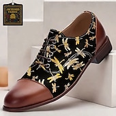 baratos Sapatos de Bordado Exquisitos-sapatos oxford vintage masculinos com cadarço - preto com tecido jacquard libélula, biqueira e salto de couro sintético marrom, ideais para estilos casuais e retrô