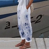 cheap Graphic Cotton Linen Pant-Women&#039;s Cotton Linen Pants Palazzo Pants Fashion Streetwear Comfort Ankle-Length Mid Waist Flower / Floral Pocket Elastic Waist Comfy Outdoor Comfortable Street Daily Wear Going out Cold White White