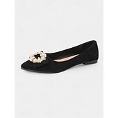 cheap Women&#039;s Flats-Women&#039;s Black Pointed-Toe Flats with Pearl Bow Accent - Elegant Suede Ballet Shoes for Casual Dates and Everyday Outfits