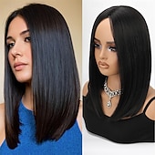 baratos Perucas Sintéticas sem Touca-perucas pretas bob perucas retas sem cola para mulheres cabelo sintético resistente ao calor fibra longa bob peruca parte do meio perucas bob naturais perucas de comprimento médio para mulheres 16
