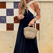 preiswerte Kleider aus Baumwolle und Leinen entwerfen-Damen Langes Kleid Maxikleid Baumwoll-Leinenkleid Mode Klassisch Täglich Ferien Ausgehen Normale Passform Farbblock Ärmellos V Ausschnitt Schwarz Weiß Sommer