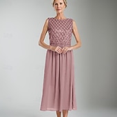 abordables Longueur du thé-Ligne A Robe de Mère de Mariée  Formel robe demoiselle d honneur Élégant Simple Minimaliste Col ras du cou Longueur thé Chiffon Sans manches avec Paillettes 2025