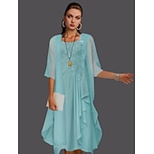 abordables Avec veste-Robe à deux pièces A-ligne pour la mère de la mariée à la plage invitée de mariage élégant col arrondi longueur genou chiffon dentelle sans manches vestes avec plis et appliqués 2025 taille