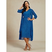 abordables Ensembles de robes-Femme Robe Ensemble Robe dentelle Robe casual Robe de Mousseline Elégant Décontractées Plein Dentelle Robe mi-longue manche longue Col V Sortie Vin Bleu Automne Hiver Standard