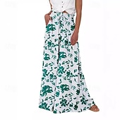 economico gamba larga e vita alta-Per donna Culotte Gamba Larga Pantaloni Eleganti Pantaloni Casual Boho Lunghezza intera Naturale Fiore Tasca Elastico in vita Stampa Comodo All&#039;aperto Ferie Casual Quotidiano Weekend Magenta Bianco