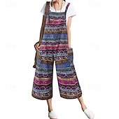 levne Grafické bavlněné plátěné kalhoty-Dámské overaly inspirované lnem, laclové kalhoty, streetwear, květinový střih, bez rukávů, výstřih do U, kapsy, potisk, street, denní, regular střih, žlutá, světle zelená, červená, léto