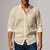 preiswerte Business Casual-Herren Baumwoll-Leinen-Hemd Tiefer Ausschnitt Einfach Urlaub Strand Schwarz Weiß Khaki Dunkelgray Langarm Großvaterkragen Sommer Frühling Bekleidung Tasche