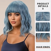 cheap Synthetic Trendy Wigs-Synthetic Wig Wavy Water Wave Layered Haircut Neat Bang Machine Made Wig 12 inch A1 Synthetic Hair Women&#039;s Classic Adorable Comfortable Blue