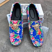 preiswerte Herrenpantoletten &amp; -slipper-Blaue Slipper für Herren mit Blumenmuster und Löwenkopf-Dekoration, stylische Mokassins, ideal für Freizeitausflüge, als Freizeitkleidung und für erholsame Ferien