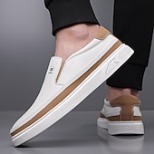 baratos Ténis para Homem-Tênis masculinos slip-on brancos com detalhes em PU – calçados leves e modernos para streetwear, viagens e trajes casuais