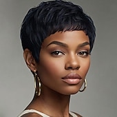 economico Parrucche di altissima qualità-Parrucche corte con taglio pixie, parrucche sintetiche per donne nere, parrucche corte, acconciature femminili