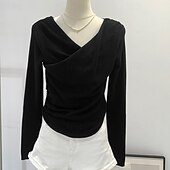 abordables T-shirt uni-Femmes Chemisier Uni Moderne manche longue Col en V Hauts Réguliers Fête Sortir Froncé Noir Rose Claire Bleu Abricot Été