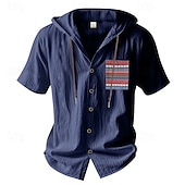 preiswerte Urlaub-Herren Hemd Freizeithemd Knopfhemd Baumwollhemd Einfach Urlaub Straße Schwarz Weiß Hellgrün Dunkelmarine Kurzarm Mit Kapuze Sommer Bekleidung Button-Down