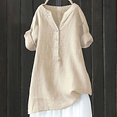 preiswerte Hemden-Damen Hemd Baumwoll-Leinen-Hemden Bluse Einfach Modern Lässig Langarm V Ausschnitt Normale Oberteile Täglich Ferien Ausgehen Knöpfe Schwarz Gelb Marineblau Beige Sommer