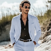 cheap Beach Suits-Men&#039;s Casual Summer Wedding Linen Suits Sky Blue Sage Daily Lightweight Solid Colored Standard Fit 2 Piece Single Breasted One-button