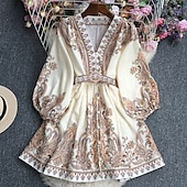 ieftine Rochii Boho-Pentru femei Rochie Mini Rochie casual Rochie de vară Rochie Boho Modă Modern În aer liber Concediu Dată Fit regulat Floare Manșon Lung În V Galben Roz Îmbujorat Albastru piscină Vară Primăvară