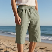 billiga Semester-Herr Capribyxor Linne Shorts Sommarshorts Beach Shorts Snörning Elastisk midja Slät Komfort Andningsfunktion Vadlängd Utomhus Dagligen Strand Semester Mode Svart Vit