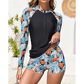 preiswerte Hautausschlagswächter-Damen Rash Guard Badeanzug UV-Sonnenschutz UPF50+ Leicht Langarm Spandex Bademode Badeanzug Frontreißverschluss Schwimmen Surfen Strand Wassersport Blumenmuster Sommer Frühling Herbst