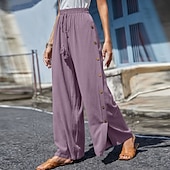 abordables pierna ancha y cintura alta-Mujer pantalones Pantalones Casual Longitud total Cintura Media Plano Hebilla Diseño de cordón elástico Al Aire Libre Cómodo Festivos Ropa Cotidiana Fin de semana Rojo oscuro Magenta Verde oscuro Gris