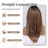 economico Parrucche trendy sintetiche-Parrucche castane ombré con frangia, lunghe e lisce, a strati, per donne, parrucche in capelli sintetici resistenti al calore