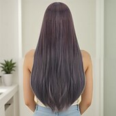 abordables Perruques Synthétiques Sans Bonnet-Perruque Synthétique Lisse Droit crépu Coupe dégradée Frange Droite Fabriqué à la Machine Perruque 28 pouces A1 Cheveux synthétiques Femmes Fête Classique Confortable Gris